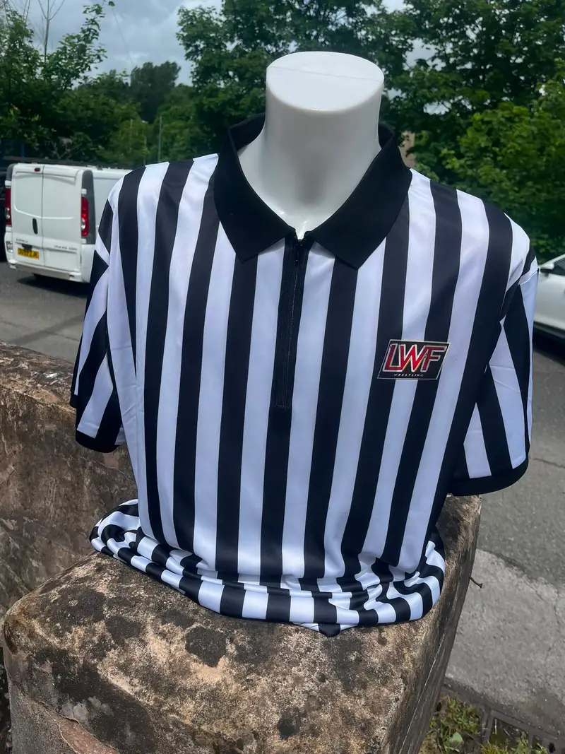 Black and white striped referee shirt with the LWF Wrestling badge embroidered on the chest